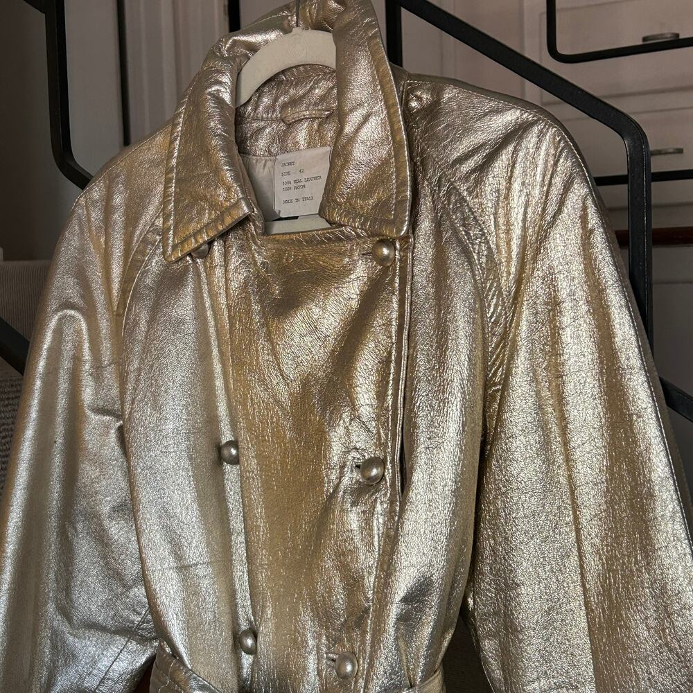 Rare Vintage Moschino Cheap & Chic AW88 Metallic Gold Leather Trench Coat Italy - Picture 10 of 11